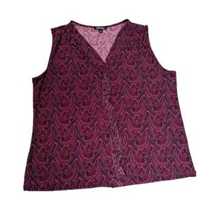 Roz & Ali Women's Sleeveless Top XL Purple Red Paisley Ruffle Front Career...